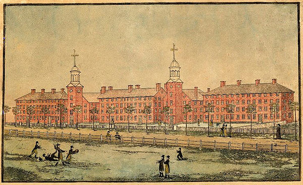 Old Brick Row in 1807, viewed from the New Haven Green. Left to right: South College, First Chapel, South Middle College, Connecticut Lyceum, and Nort