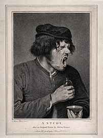 A man grimacing grotesquely after taking some unpleasant tas, pointillé d'après Adriaen Brouwer, 1796.