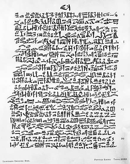 A page from the Ebers Papyrus, written circa 1500 B.C. Wellcome M0008455.jpg