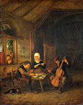 Rural musicians label QS:Len,"Rural musicians" label QS:Lpl,"Wiejscy muzycy" label QS:Lnl,"Plattelandsmusici" 1655. oil on panelmedium QS:P186,Q296955;P186,Q106857709,P518,Q861259. 39 × 30.5 cm (15.3 × 12 in). Saint Petersburg, Hermitage Museum.