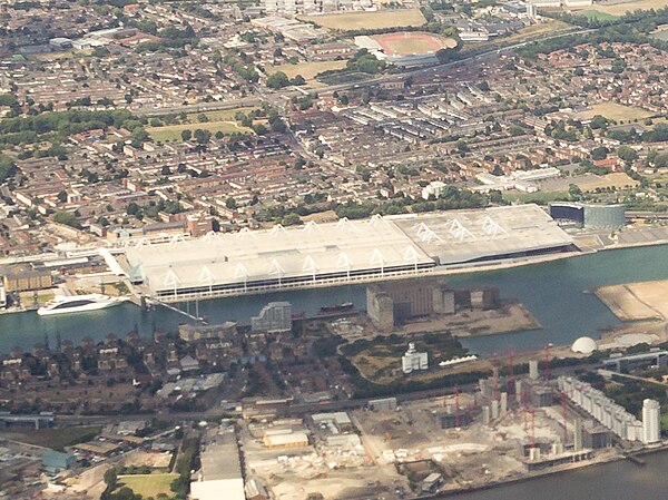Aerial view of ExCeL in 2015, after its Phase 2 extension