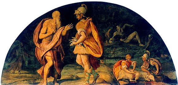 Odysseus consults the soul of the prophet Tiresias in his katabasis during Book 11 of The Odyssey.