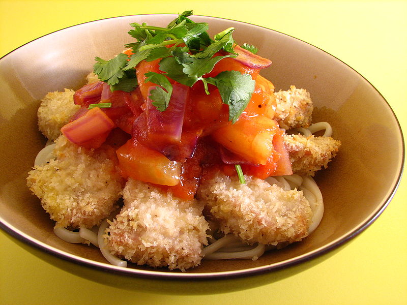 File:Baked panko crusted pork with pineapple sauce over udon.jpg