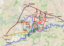 Map of the battle of Gosselies showing the withdrawal of the Allies from l'Espinette (orange), the Allied approach marches for the counterattack (dark red) and the attacks during the actual battle (lighter red). French retreat is shown in green. Battle of Gosselies.png