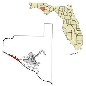 Áreas de Bay County Florida Incorporated e Unincorporated Panama City Beach Highlighted.svg