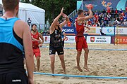 Deutsch: Beachhandball Europameisterschaften 2019 (Beach handball Euro); Tag 6: 7. Juli 2019 – Spiel um Platz Drei, Männer, Ungarn-Russland 2:0 (26:20, 23:22) English: Beach handball Euro; Day 6: 7 July 2019 – Men's Bronze Medal Match – Hungary-Russia 2:0 (26:20, 23:22)