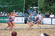 Deutsch: Beachhandball Europameisterschaften 2019 (Beach handball Euro); Tag 5: 6. Juli 2019 – Frauen, Platzierungsspiel für die Ränge 5–8, Rumänien-Zypern 2:0 (18:17, 18:14) English: Beach handball Euro; Day 5: 6 July 2019 – Placement Match/Cross Match for rank 17–20 Women – Romania-Cyprus 2:0 (18:17, 18:14)