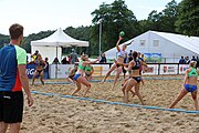 Deutsch: Beachhandball Europameisterschaften 2019 (Beach handball Euro); Tag 1: 2. Juli 2019 – Frauen, Vorrunde Gruppe D, Ukrine-Russland 2:1 (25:20, 14:17; 10:4) English: Beach handball Euro; Day 1: 2 July 2019 – Women Preliminary Round Group D – Ukraine-Russia 2:1 (25:20, 14:17; 10:4)