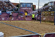 Deutsch: Beachhandball bei den Olympischen Jugendspielen 2018; Tag 7, 13. Oktober 2018; Jungen, Finale – Portugal-Spanien 1:2 English: Beach handball at the 2018 Summer Youth Olympics at 13 October 2018 – Boys Gold Medal Match – Portugal-Spain 1:2