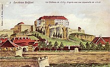 akvarelli, joka edustaa vanhaa Belfortia vuonna 1750