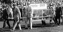 Biff and Bennie in cage at Michigan Stadium, circa 1927 Biff and Bennie.jpg