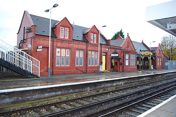 The station building viewed from the Liverpool-bound platform.