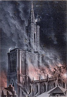 The bombardment of Strasbourg cathedral on the night of 24 August 1870. Bombardement de la cathedrale de Strasbourg la nuit du 24 aout 1870.jpg