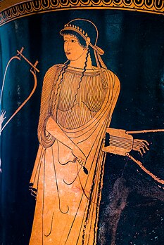 Sappho poeta, barbitum tenens. Crater Atticus, quem saeculo V a.C.n. pictor Brygi pinxit.