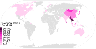 Purple Percentage of Buddhists by country, showing high in Burma to low in United States