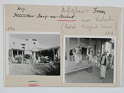 Index card: Men in front of a mud building in Shewaki, c.1939