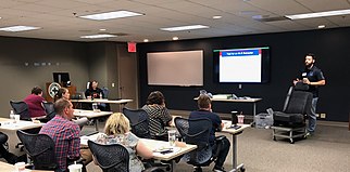 Students attend a child passenger safety training class. CPS Class at NSC August 2018.jpg