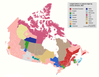 People who self-identify as having North American Indian ancestors are the plurality in large areas of Canada (areas coloured in brown and tan).