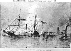 Artist's rendering of the capture of Harriet Lane by CS Bayou City, January 1, 1863 Capture HarrietLane.jpg