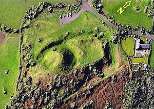 Castle Pulverbatch in Shropshire was built in the 11th or 12th century and abandoned by 1202. This digital elevation model shows the motte just left of centre, with the bailey to the right (north-east) of it. Castle Pulverbatch.jpg