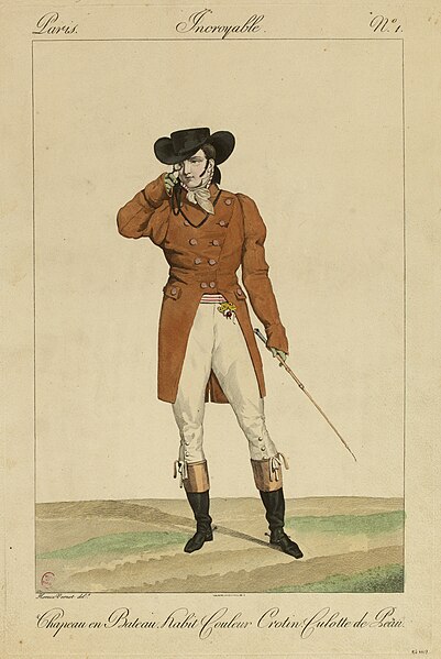 File:Chapeau en bateau. Habit couleur crotin. Culotte de peau. Paris. Incroyable. N°1, G.4417(2).jpg