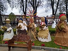 Part of the monumental nativity in the Vasco de Quiroga Plaza in Patzcuaro, displaying the traditional plant-fiber crafts of Michoacan. Christmas 2019 in Vasco de Quiroga Plaza in Patzcuaro 25.jpg