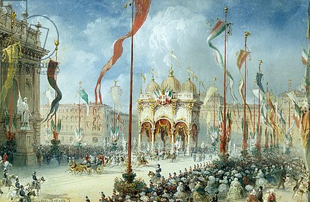 The royal procession at the opening of the Parliament of the Kingdom of Italy (1861) among a profusion of tricolour flags