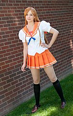 File:Mirai Suenaga with summer school uniform and K-on character style  20110305.jpg - Wikimedia Commons