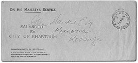 Australian official mail, franked "On His Majesty's Service", crash cover salvaged from the 1935 Imperial Airways City of Khartoum aircraft crash at Alexandria during an England to Australia flight Crash cover Khartoum-Alexandria 31Dec1935.jpg