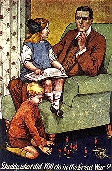 Seorang pria duduk di kursi, seorang gadis di lututnya. Tulisannya berbunyi: 'Ayah, apa yang KAU lakukan di Perang Besar?'