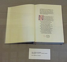 First edition of the Divine Comedy, printed in Foligno in 1472. Dante, Commedia, 1472 - Bacheca palazzo Trinci.jpg