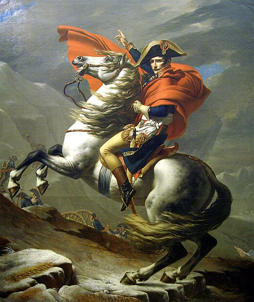 Napoleons hofschilder Jacques-Louis David toonde de napoleontische tijd als een glorieus tijdperk, een nieuw Rome. Op dit schilderij steekt Napoleon in 1800  de Grote St. Bernardpas over. In werkelijkheid reed Napoleon op de rug van een ezel.