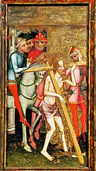 Panel painting showing Christ carrying the cross