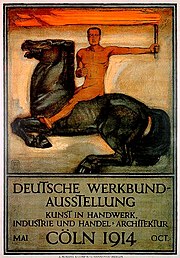 un cheval noir tourné vers la gauche, ruant des pattes avant ; sur son dos, un homme nu, de face, portant un flambeau de la main gauche ; la flamme orange du flambeau occupe horizontalement tout le haut de l’affiche