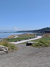 The Dune Peninsula at Point Defiance Park in Tacoma, Washington, with Mount Rainier in the distance