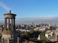 View of Edinburgh from Calton Hill. The Dugald Stewart memorial is visible in the foreground.