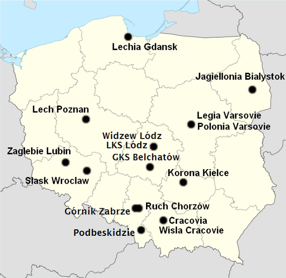Localisation des clubs participant à la saison 2011-2012 de l'Ekstraklasa.