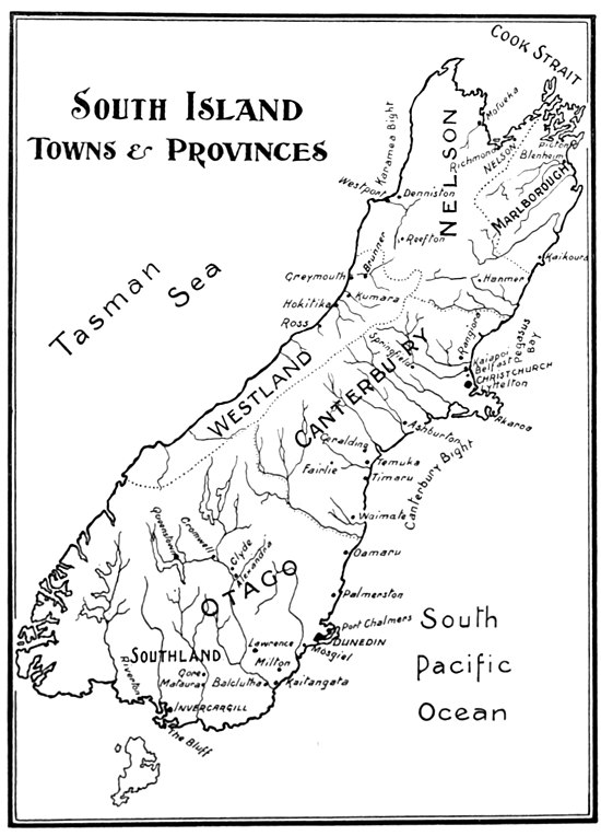 Map of the South Island, including Stewart Island, with the location of provinces and towns marked