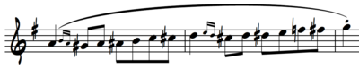 The same passage notated as sharps, requiring fewer canceling natural signs. Enharmonic sharps.png