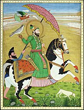 Equestrian portrait of Guru Gobind Singh attended upon by a Nihang, circa 1850