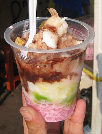 Peuyeum (cassava tapai) as part of es doger sweet iced concoction dessert.