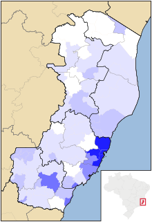 Bevölkerungsdichte Espírito Santo. ﻿0–25 EW/km²
﻿25–50 EW/km²
﻿50–100 EW/km²
﻿100–150 EW/km²
﻿150–200 EW/km²
﻿200–300 EW/km²
﻿300–400 EW/km²
﻿400–500 EW/km²
﻿> 500 EW/km²