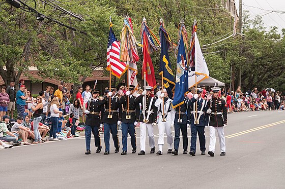A United States Armed Forces Joint-Service Color Guard. This color guard consists of personnel from 5 of the 6 military branches of the United States Armed Forces (Army, Marines, Air Force, Navy, and Coast Guard).