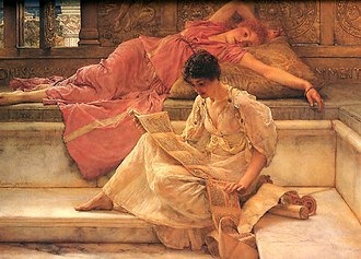 Recitation of a Roman woman, painting by Lawrence Alma-Tadema. Favourite Poet.jpg