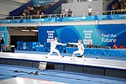 Deutsch: Fechten bei den Olympischen Jugend-Sommerspielen 2018: Tag 1, 7. Oktober 2018, Jungen, Säbel, Kampf um Bronze - Mazen Elaraby (EGY) - Robert Vidovszky (USA) 15:10 English: Fencing at the 2018 Summer Youth Olympics at 7 October 2018 – Boys' sabre Bronze medal match – Mazen Elaraby (EGY) Vs Robert Vidovszky (USA) 15:10