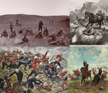 Major events during the First Boer War, Clockwise from left; Aftermath of the Battle of Elandsfontein, Boer commandos engaging British, British holding defensive positions at Majuba Hill, British Cavalry charge during the engagement at Laing's Nek. First Boer War Collage.png