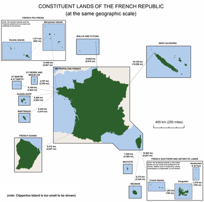 Franciaország tengerentúli területeinek diagramja, amely térképi alakzatokat mutat