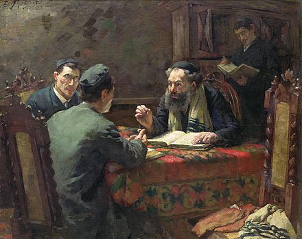 A historic painting of Jews studying Torah