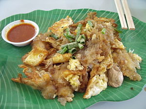 Oyster omelette from Singapore. Also common in Malaysia[57] and throughout Southeast Asia and Taiwan