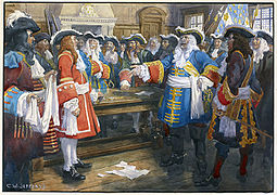 Frontenac reçoit le représentant de Sir William Phips, exigeant la capitulation de Québec, 1690